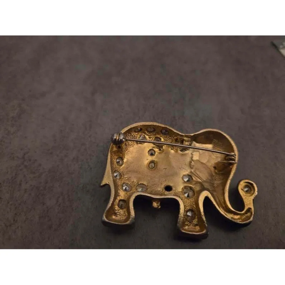 Vintage Gold Tone Multi Color Rhinestone Black Enamel Elephant Brooch Pin